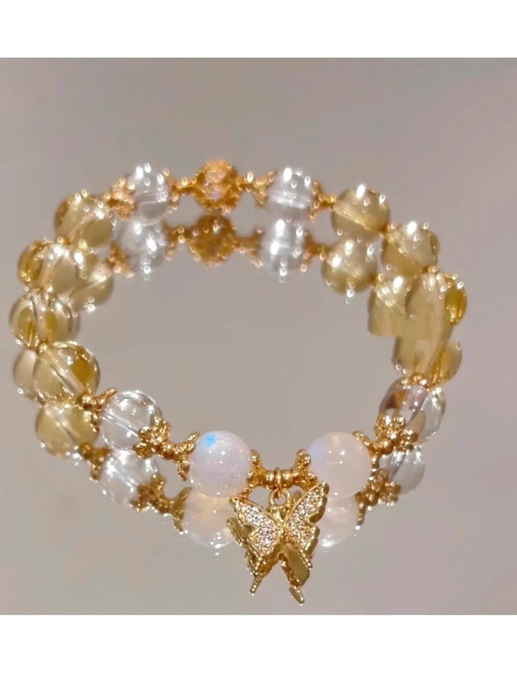 Women's moonstone white crystal beaded bracelet with Chinese style design and citrine butterfly pendant