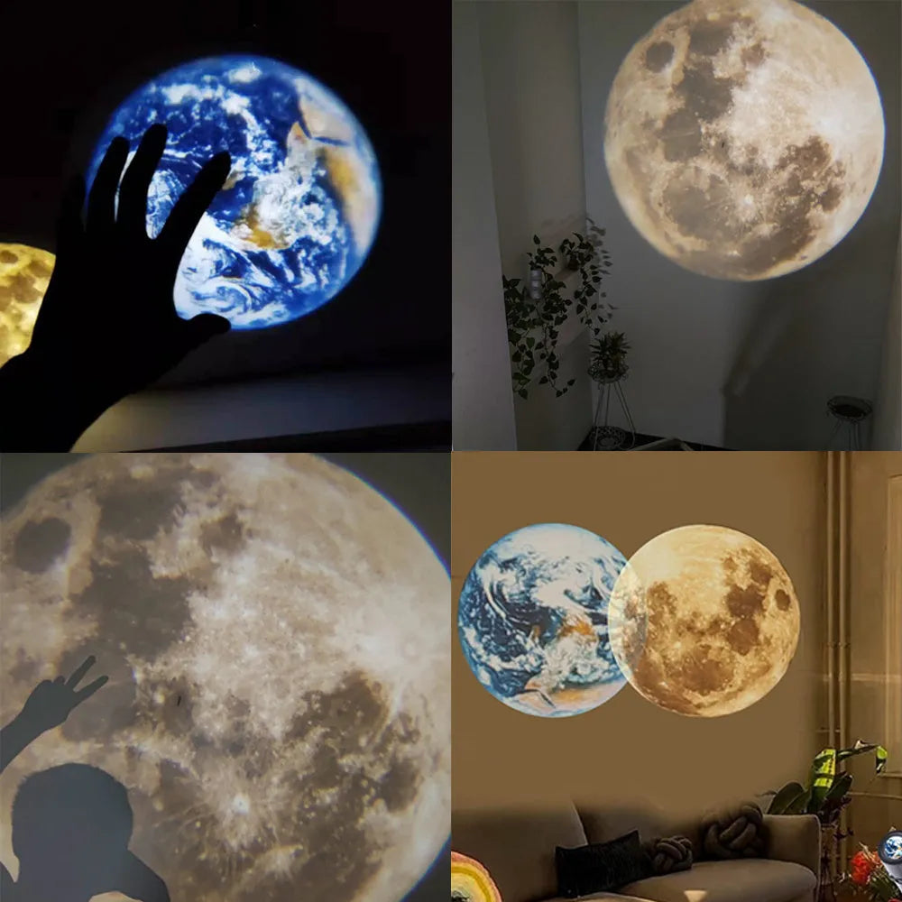 White ABS projector lamp with adjustable bendable bracket projecting earth image on wall