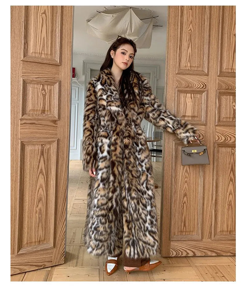 Women's long faux fur coat with fur collar in street fashion style