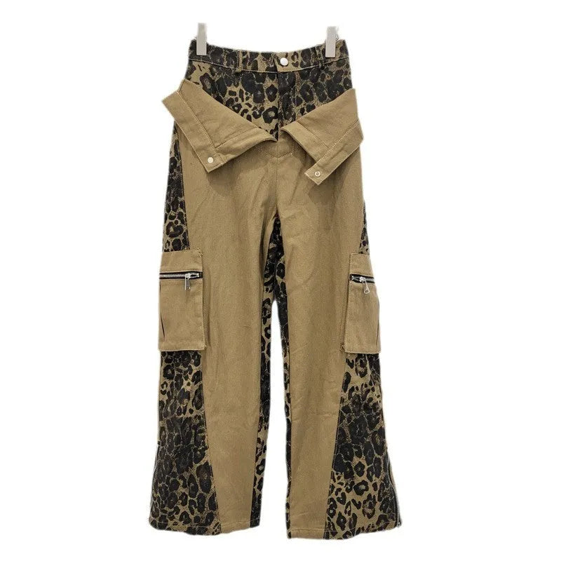 Dark khaki high-waist jeans with a leopard print pattern and tooling-style stitching details on the legs.