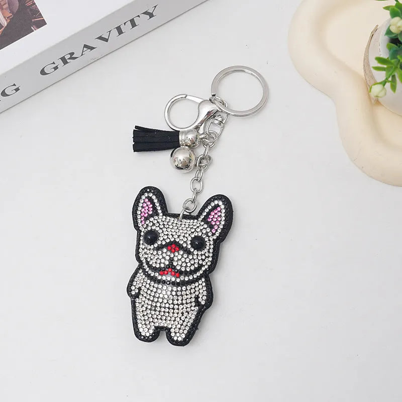 French dog rhinestone keychain with cartoon animal charm on electroplated alloy, 5-7cm size