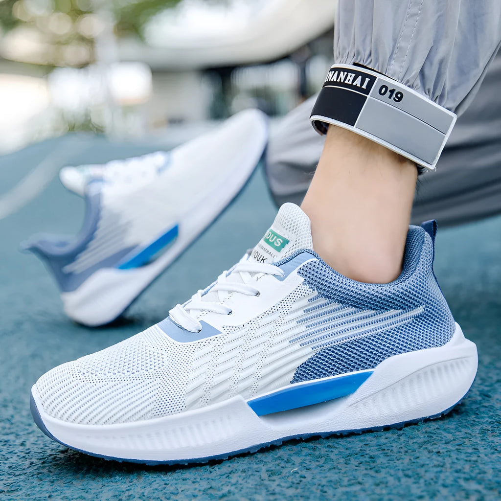Men's blue mesh casual sports shoes with round toe design and plastic soles