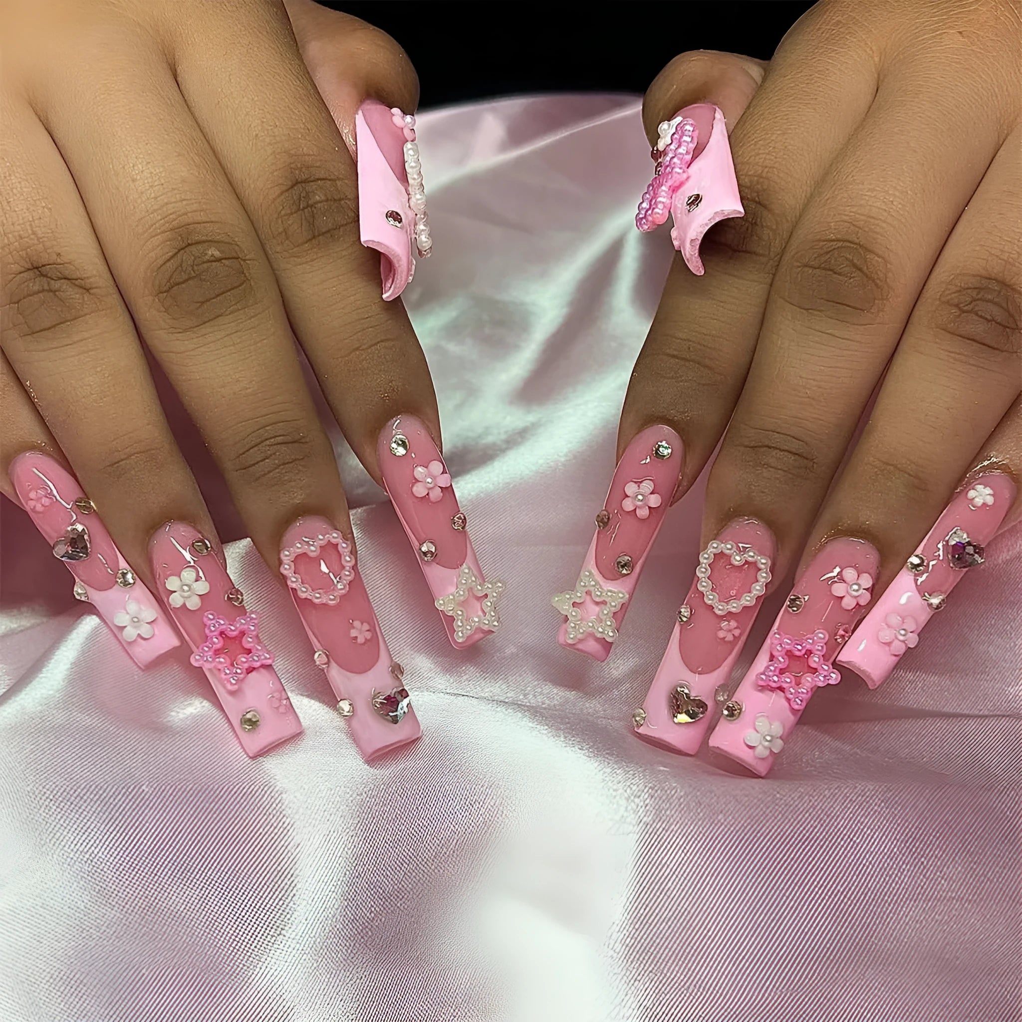 Super long French spot drill bow nail decorations in love pattern design, colour XB-70-48