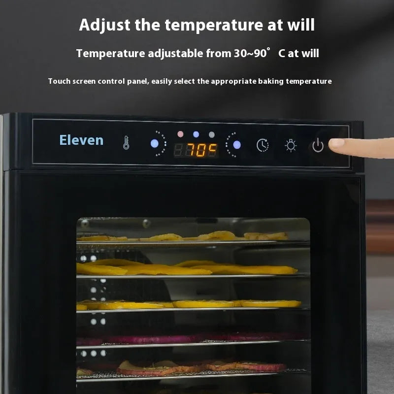 Stainless steel fruit dehydrator with visual skylight window showing food drying inside