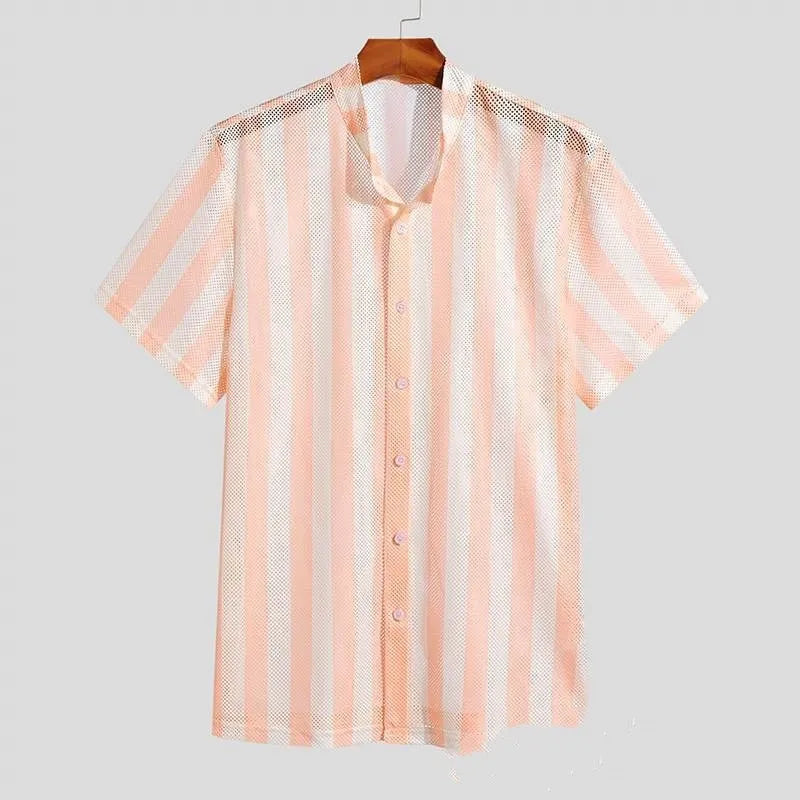 Pink men's short-sleeve cardigan shirt with waffle weave texture, loose fit
