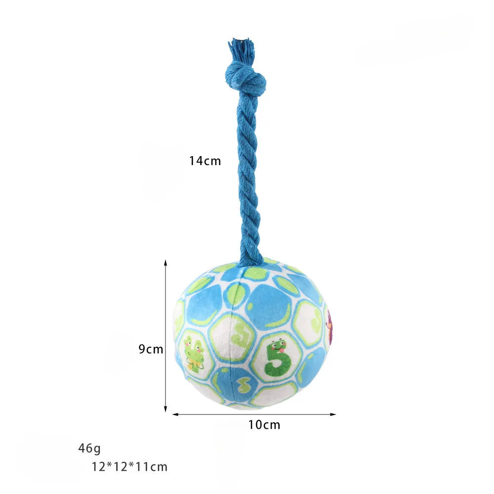 Blue and yellow elastic football dog toy with cartoon design for tug of war and teeth grinding