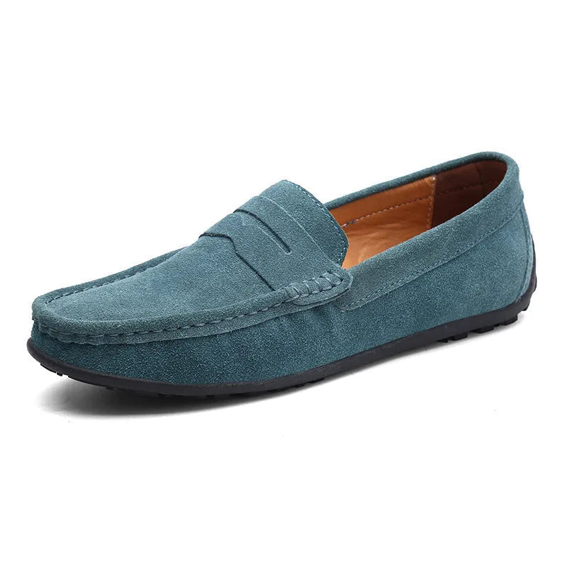 Men's brown suede casual loafers with flat rubber sole and round toe on a white background