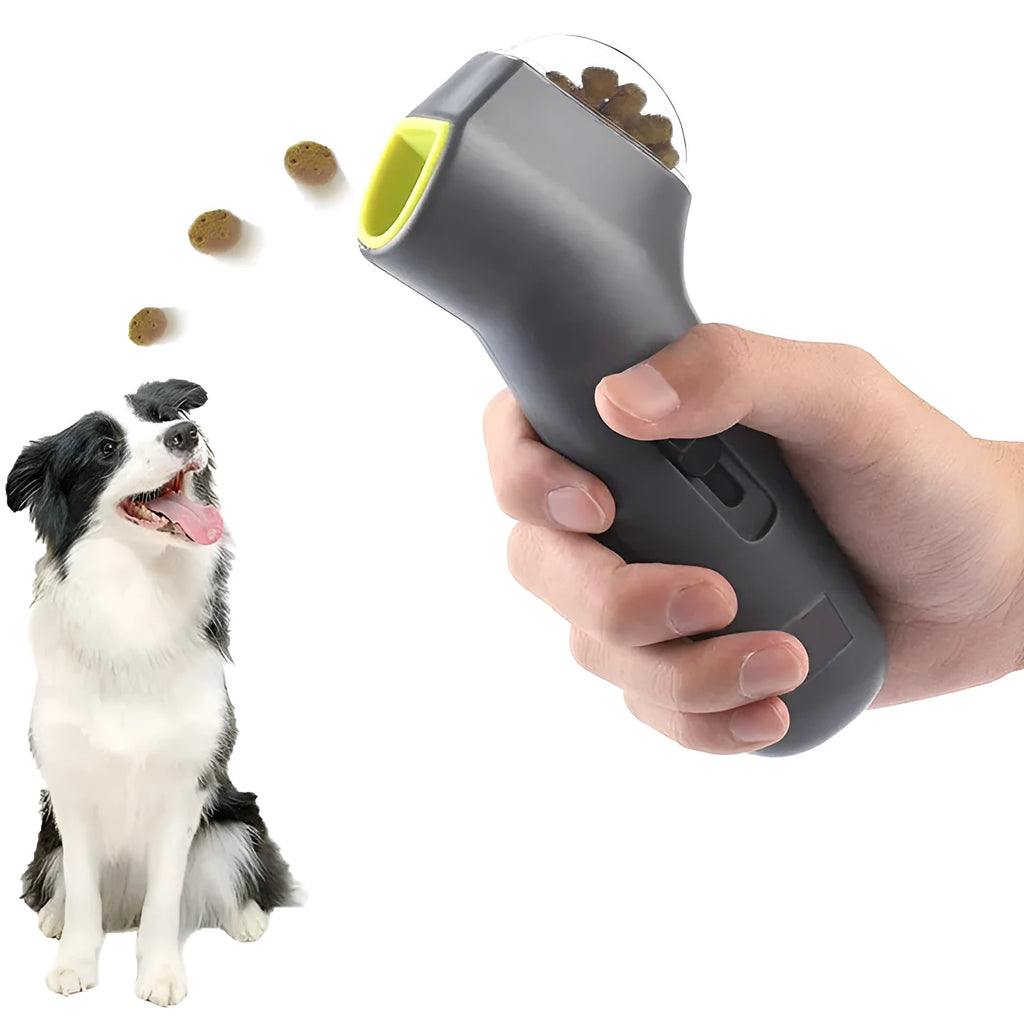 Grey pet snack launcher toy measuring 18cm with spring trigger mechanism for 2-3 metre treat launching