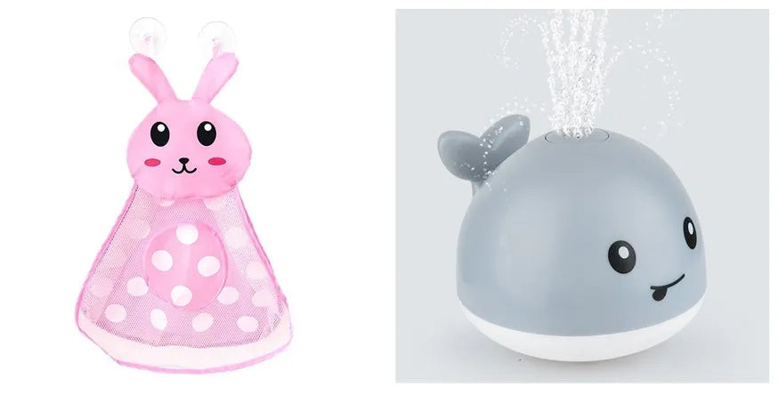 Blue and white whale bath toy with water spray and flashing lights for baby sensory play