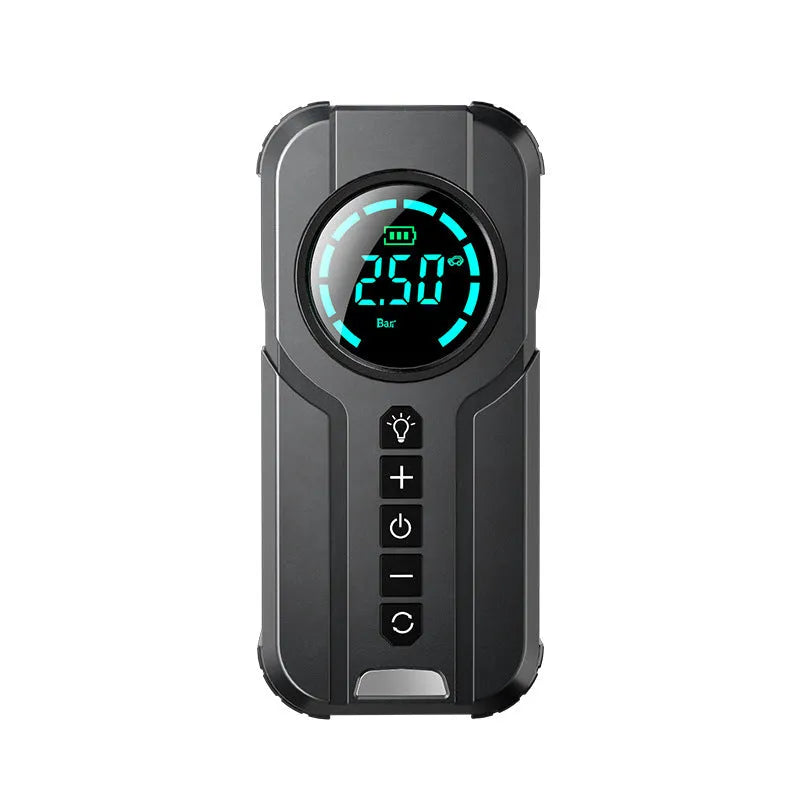 Black wireless portable car air pump with digital display, 6000mAh battery, and accessories including nozzles and carry bag