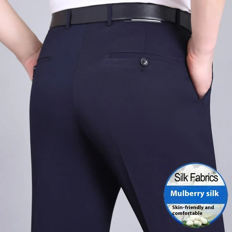 Men's straight-leg business trousers with high waist in mulberry silk blend fabric