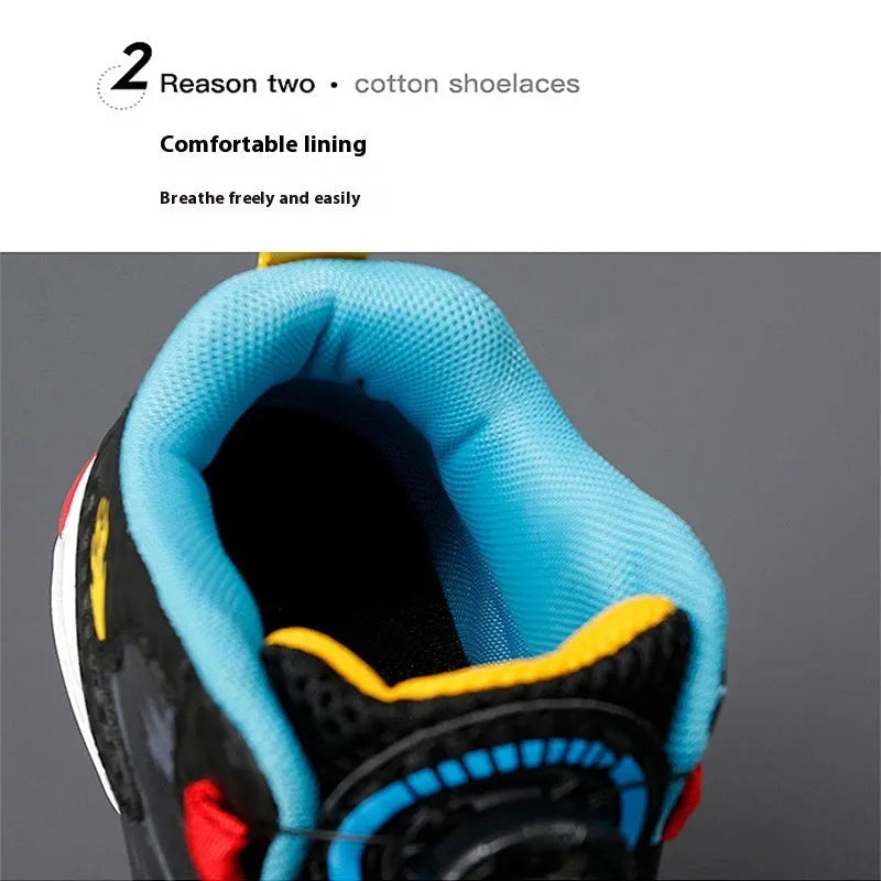 Children's rotating button basketball shoes in black synthetic leather with a cushioned PU sole.