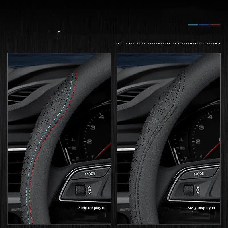 Black two-colour leather steering wheel cover with 38cm diameter for Suzuki vehicles