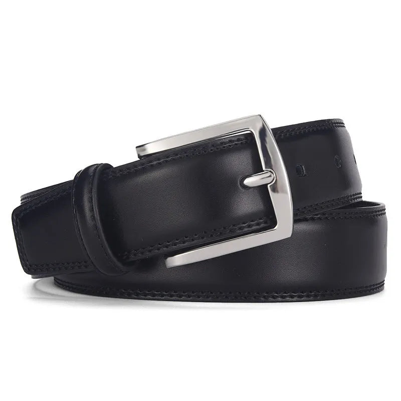 Men's black leather belt with silver pin buckle fastener showing length measurement