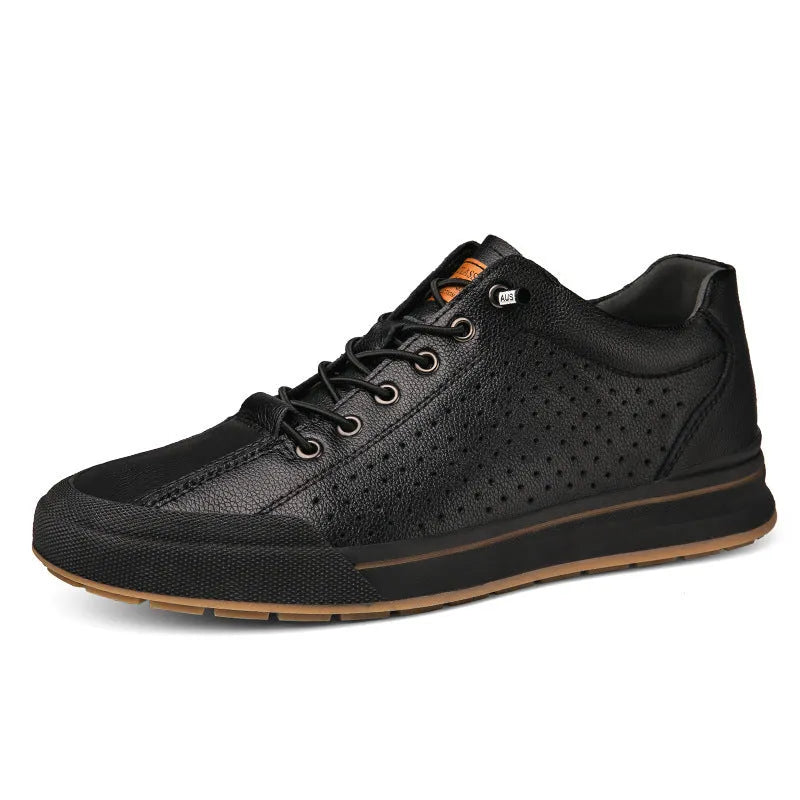 Men's white round toe matte leather casual shoes with flat heel on a plain background.