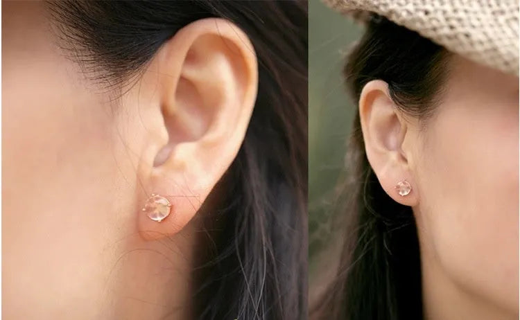 Rose gold drop-shaped stud earrings with synthetic quartz crystal inlay in Korean minimalist style