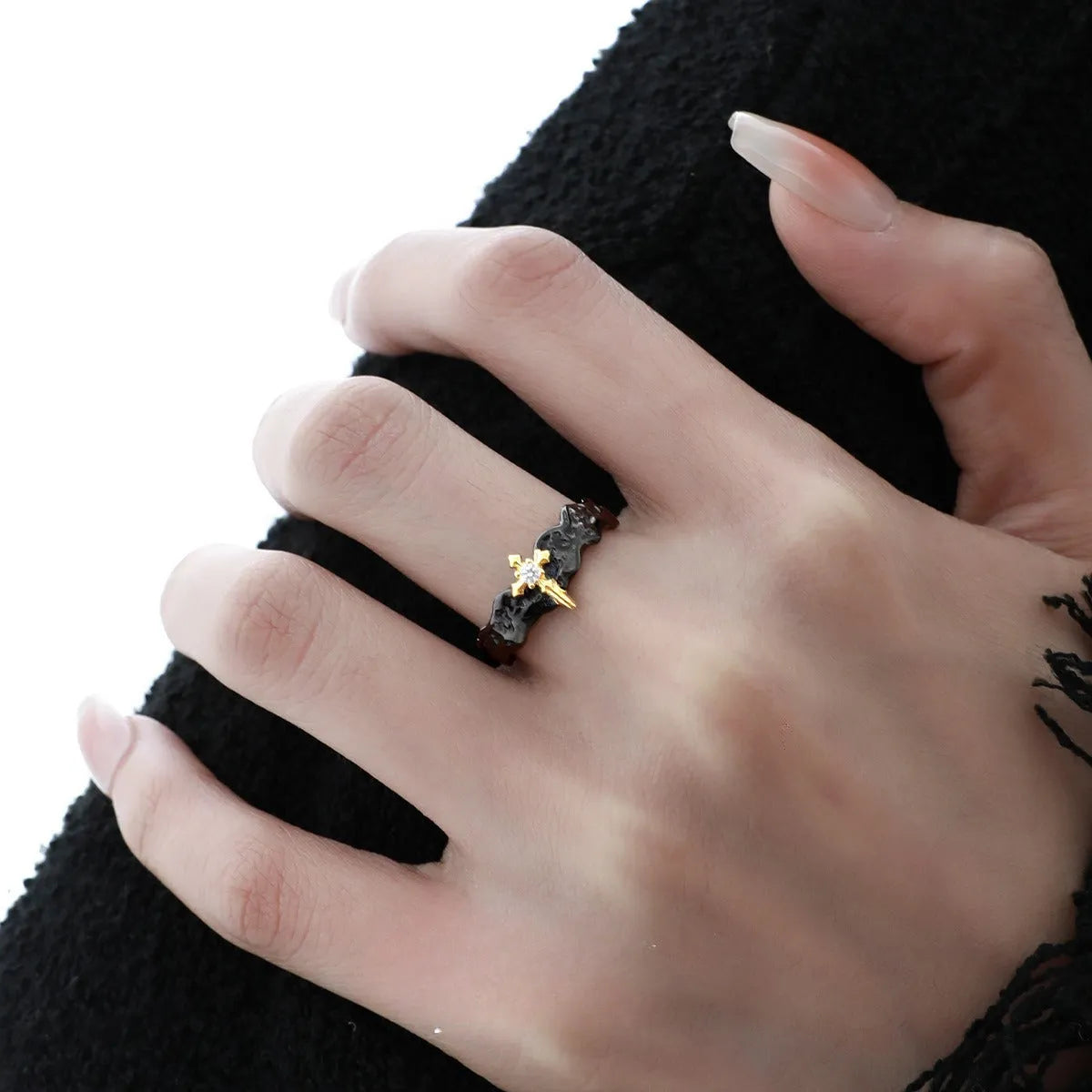 Princess Knight Couple silver ring with adjustable opening in white gold or black gold electroplated finish
