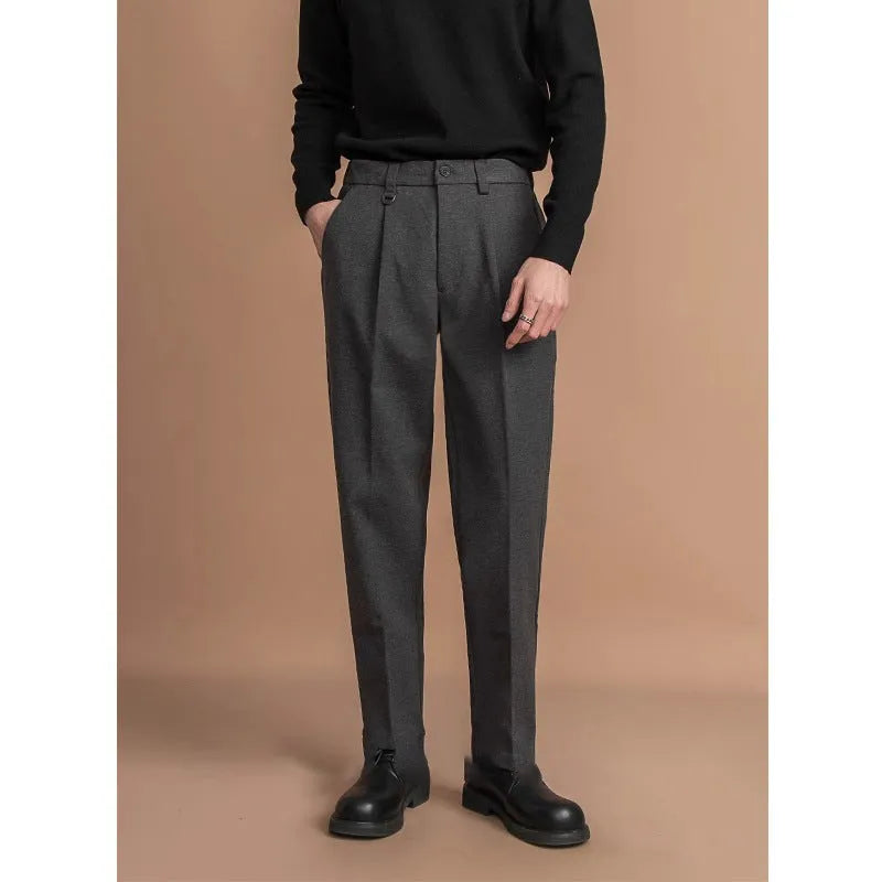 Men's straight leg trousers in polyester fabric with draped tailoring for business casual wear