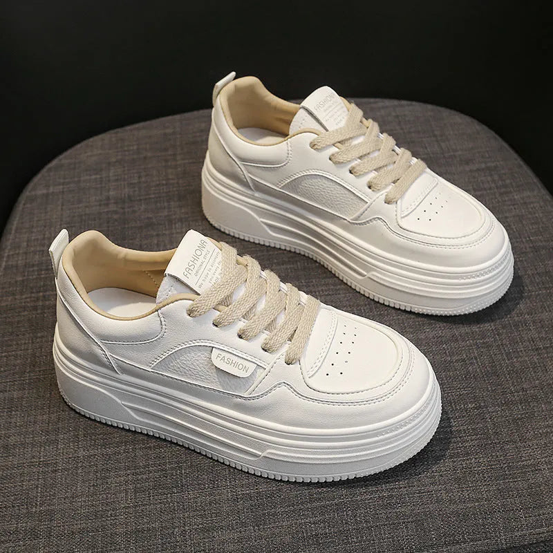 Black low-top platform thick sole casual shoes with two-layer cowhide upper, round toe, and front lace-up closure