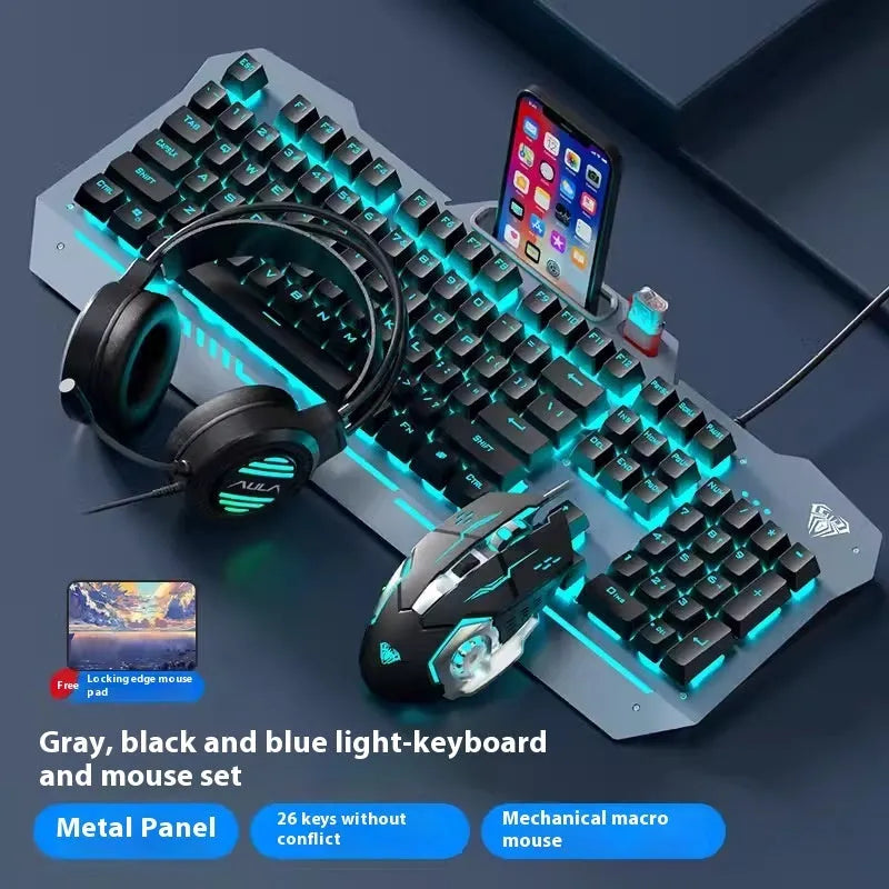 Black and white wired mechanical-feeling keyboard mouse headset bundles with RGB or blue backlighting