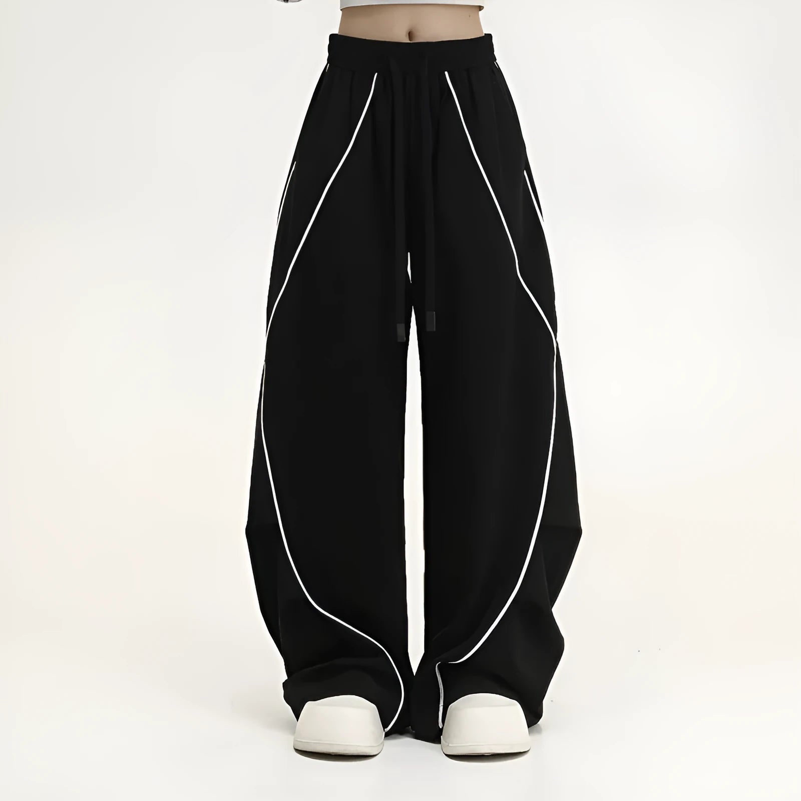 Black pleated hip hop trousers with wide legs and striped pattern