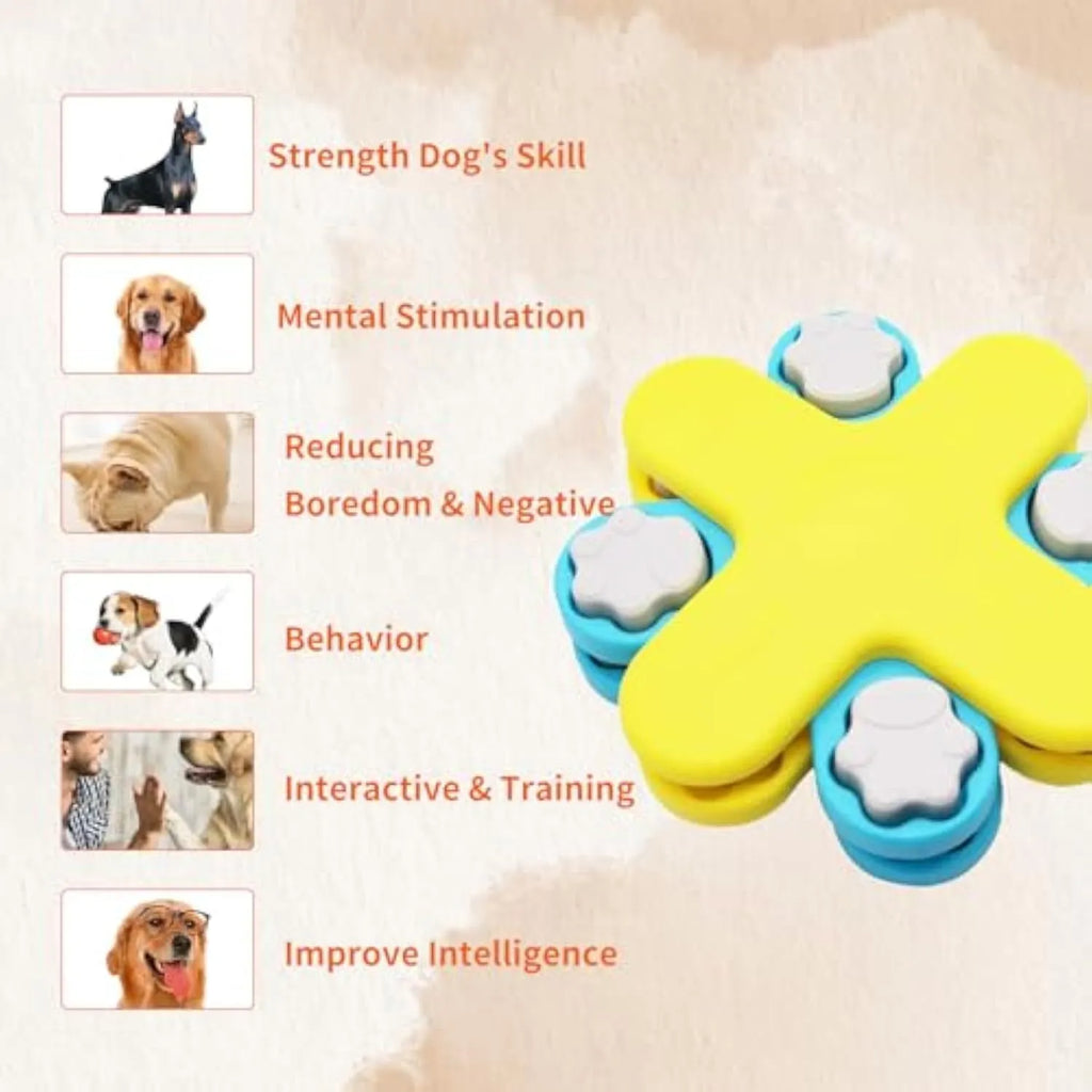 Yellow three-layer rotating dog puzzle feeder toy with anti-slip base for interactive slow feeding
