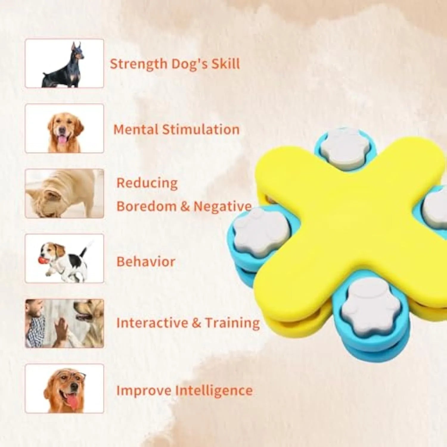 Yellow three-layer rotating dog puzzle feeder toy with anti-slip base for interactive slow feeding