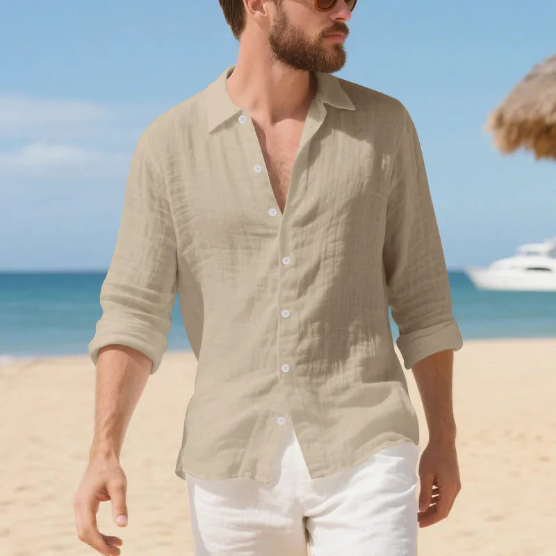 Man wearing a loose-fitting linen casual shirt in a light colour, showing the non-iron texture and American style.