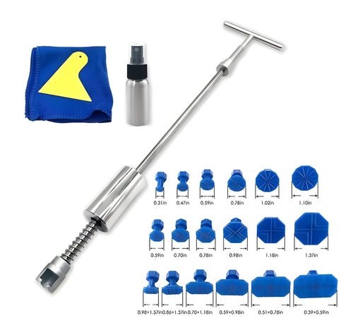 Automotive dent repair tool kit with T-shaped metal hammer and blue adhesive tabs for car body panel restoration