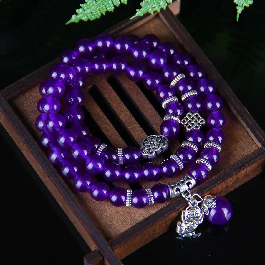Natural purple chalcedony bracelet with three-circle ethnic design for women