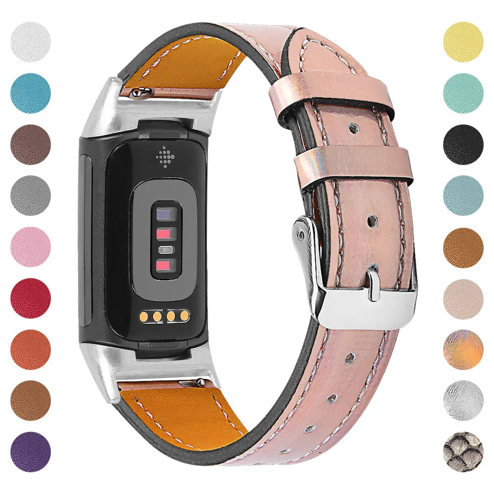 Genuine cowhide leather strap for Fitbit Charge 5 and Charge 6 smartwatches in multiple colours.