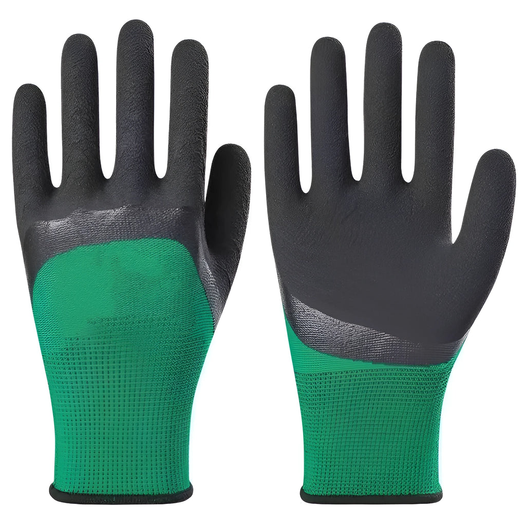 Black and green rubber work gloves for wear-resistant, non-slip hand protection on construction sites and gardens.