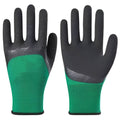Black and green rubber work gloves for wear-resistant, non-slip hand protection on construction sites and gardens.