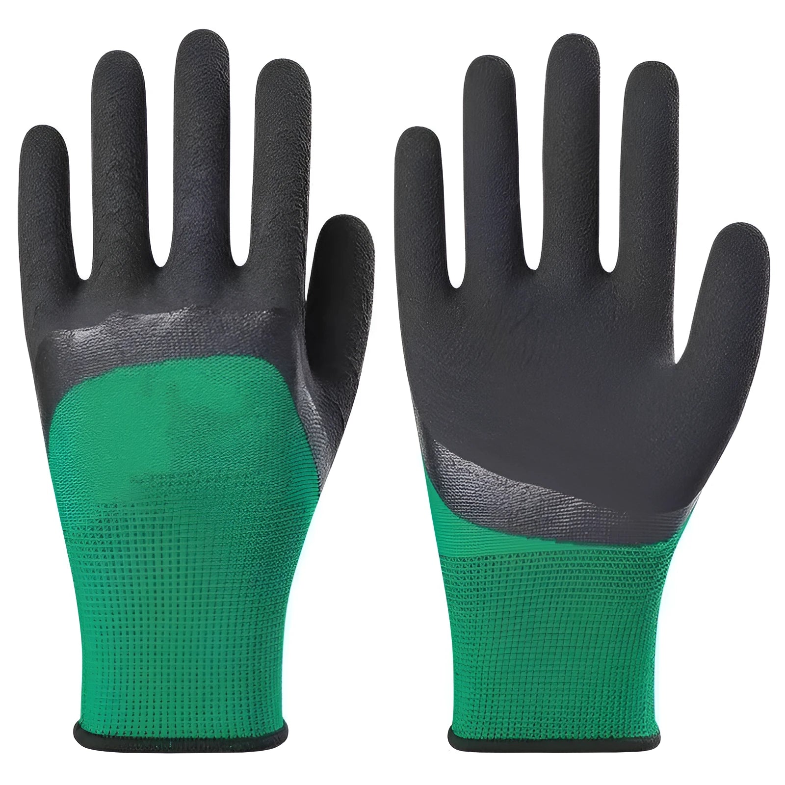 Black and green rubber work gloves for wear-resistant, non-slip hand protection on construction sites and gardens.