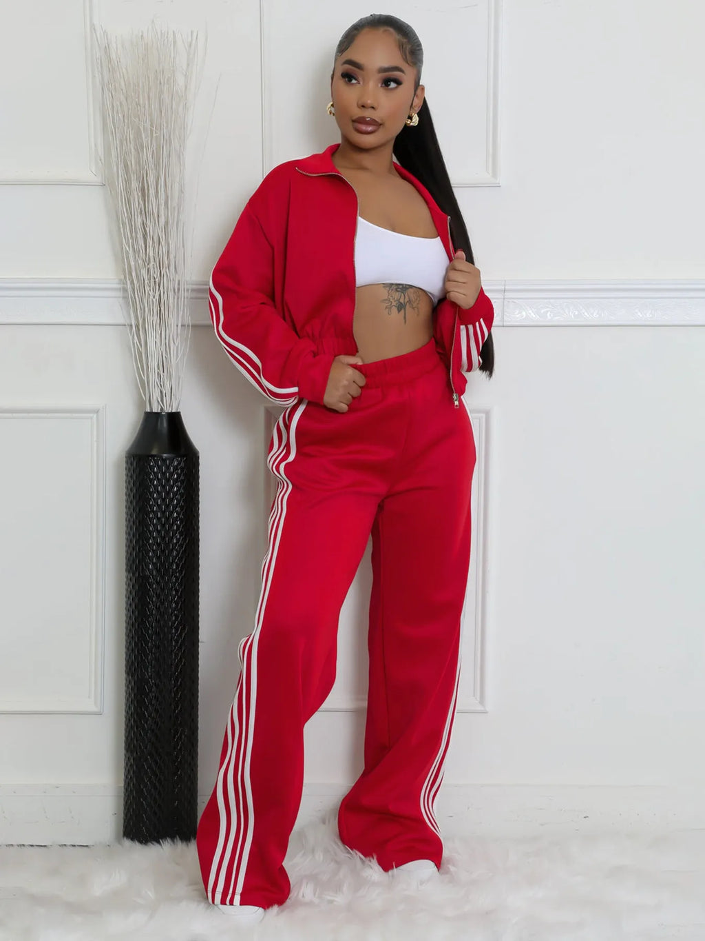 Men's striped polyester suit two-piece set with zipper sweater and trousers in street hipster style