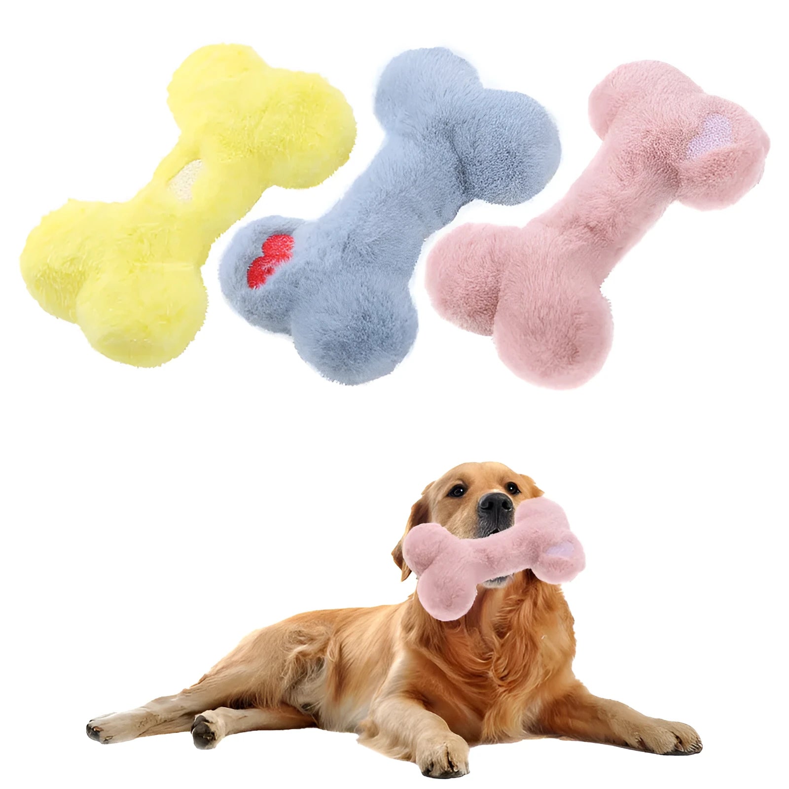 Blue Love Bone plush dog toy with squeaker for interactive chewing play