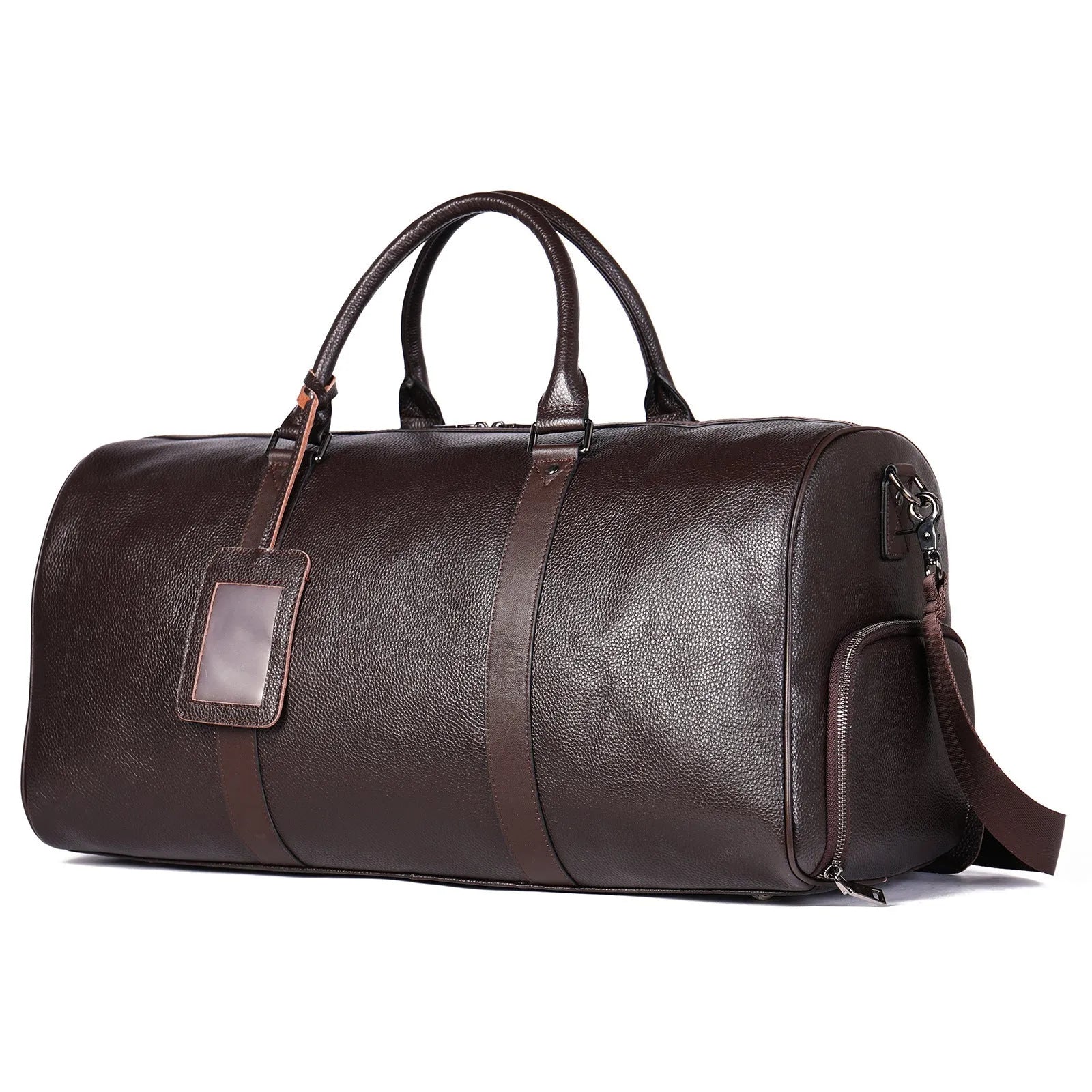 Men's leather excursion bag in black and coffee colours showing 44cm and 55cm size options