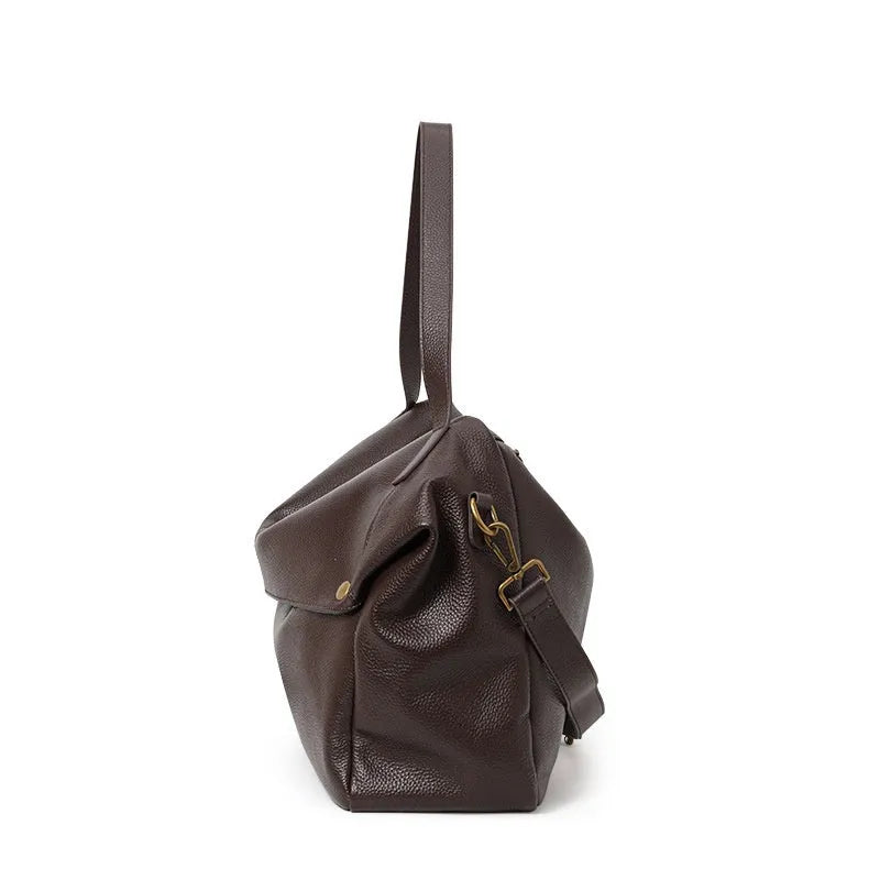 Brown genuine leather women's shoulder bag with square horizontal shape and zipper compartment