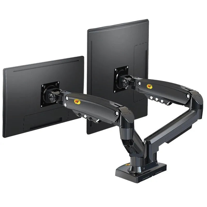 Dual screen lift-type monitor bracket made of silver aluminium alloy and black ABS plastic.