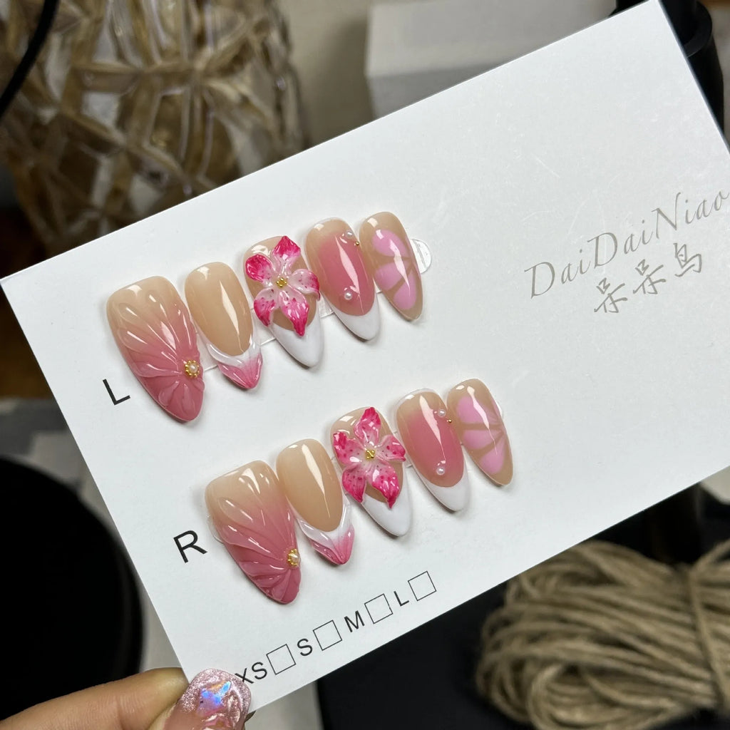 French style false nails with three-dimensional lily ice flower pattern in almond shape