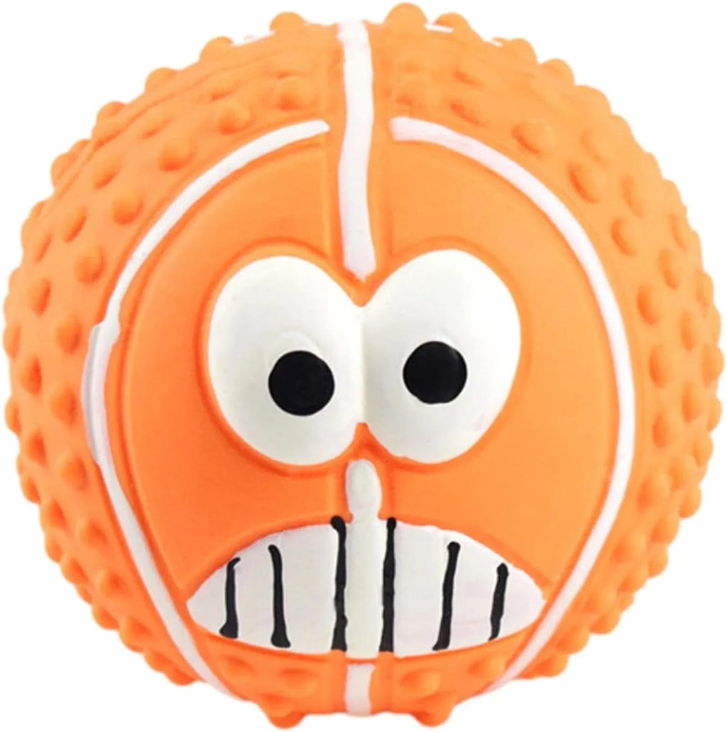Smile face dog latex ball in green, orange, and yellow – squeaky bouncy toy for small dogs and cats
