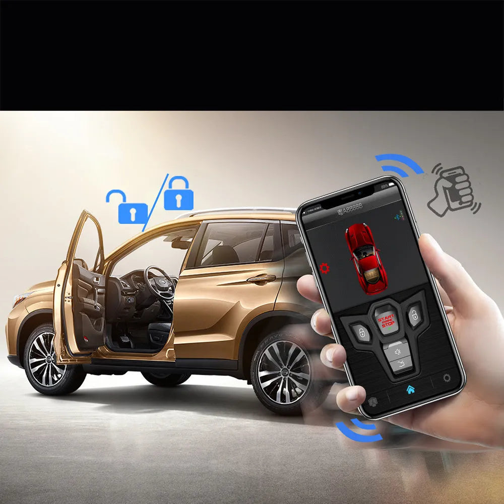 Red and frosted black one-way remote control car alarm system with two remotes for vehicle security.