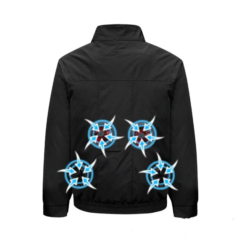 Black smart cooling work jacket with multiple ventilation holes for a personal fan unit.
