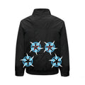 Black smart cooling work jacket with multiple ventilation holes for a personal fan unit.