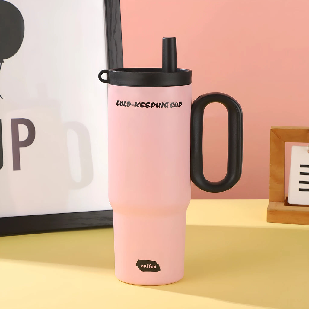 Large insulated plastic straw cup with a carry handle and lid, shown in assorted colours.