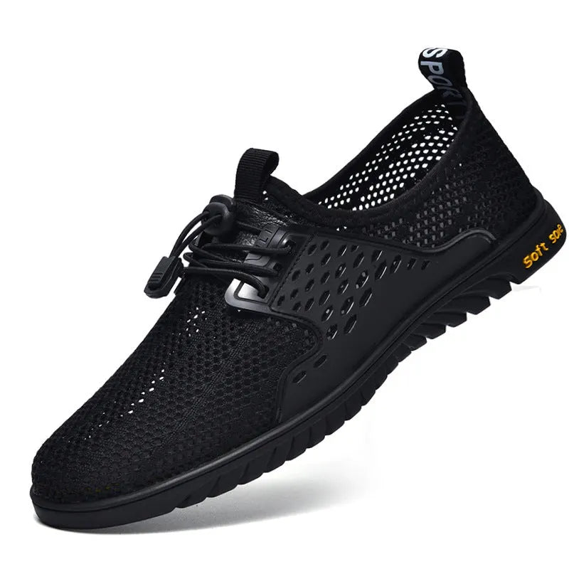 Men's breathable casual shoes in sand colour with mesh upper and elastic band.