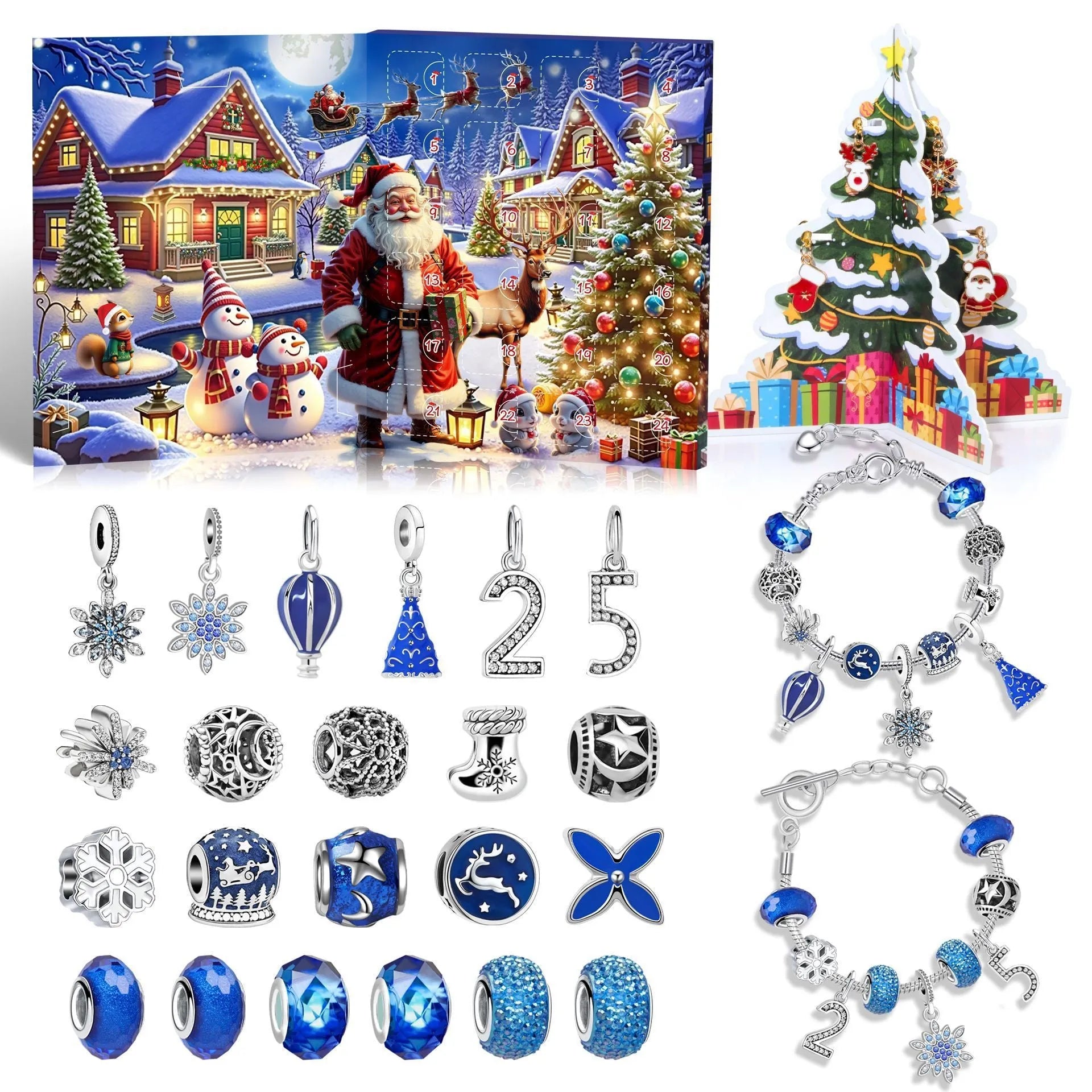 24 grid Christmas advent calendar countdown set with zinc alloy frame electroplated finish and bracelet blind box in flip vertical blue