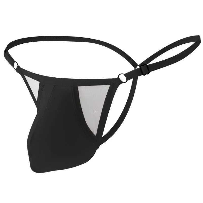 Men's T-back ice silk underwear with adjustable thin straps in geometric pattern colours