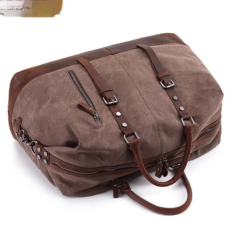 Canvas travel messenger shoulder bag with Crazy Horse leather trim, large capacity 36-55L, retro style, khaki colour