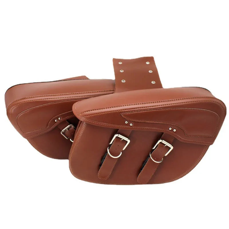 Retro motorcycle saddle bag in PU leather showing side box design with 42cm width